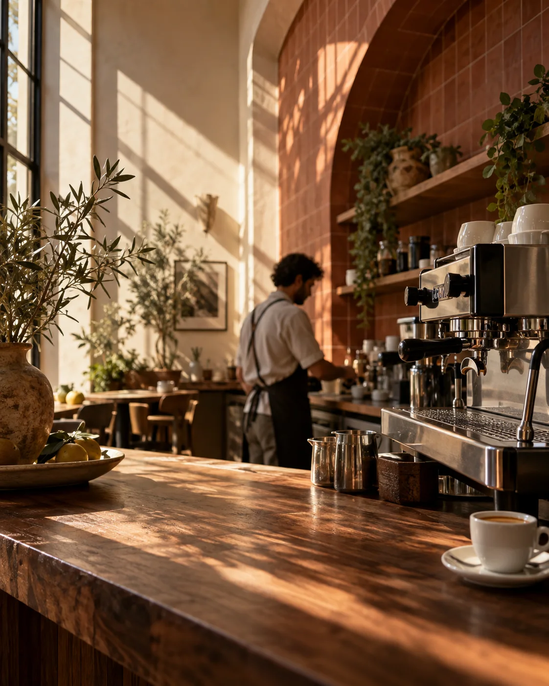 Warm afternoon light across the coffee counter of a welcoming neighborhood café